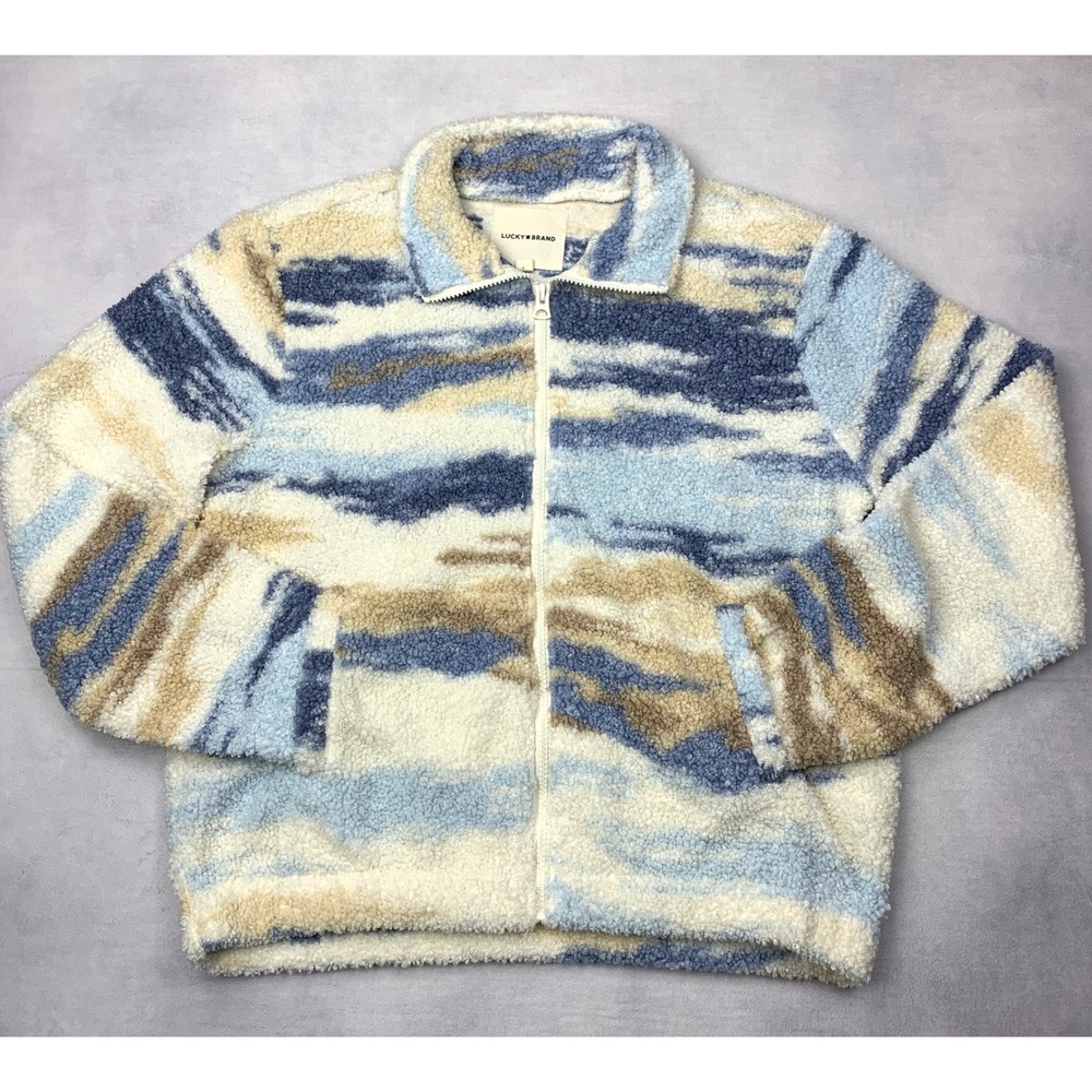 Lucky Brand Womens Blue Abstract Landscape Sherpa Fleece Full Zip Jacket S 05/24